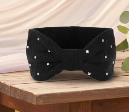 Bentita par tricotata, de iarna, neagra, cu nod si strasuri argintii, 11 cm latime [1]