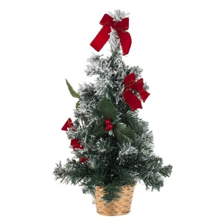 Toate produsele - Brad de Craciun artificial in ghiveci cu ramuri ninse, ornamente rosii si 20 de LED-uri - 50cm