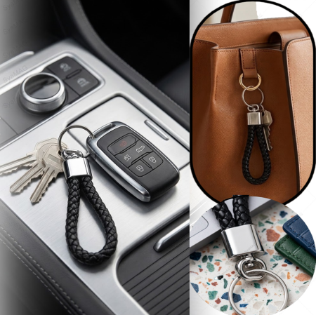 Rucsacuri, curele si accesorii - Breloc elegant pentru chei, din piele ecologica si metal cromat, 11 cm, negru/argintiu, bratara neagra impletita, carabina rotativa cromata prevazuta cu inel