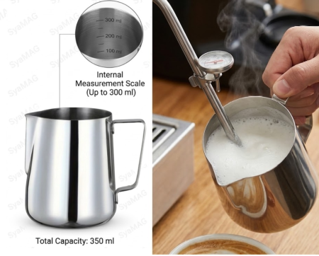 Bucatarie si servire - Cana pentru spumarea laptelui, Inox, gradatie 300 ml, capacitate 350 ml, 7.5x9.2 cm