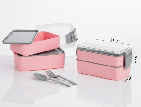 Caserola dubla, cu 2 recipiente de 400 ml si 500 ml cu capace, furculita + lingura, 16x10x9 cm, roz/gri, inchidere cu clips [2]