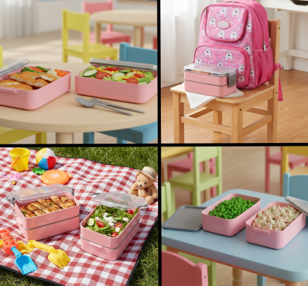 Caserola dubla, cu 2 recipiente de 400 ml si 500 ml cu capace, furculita + lingura, 16x10x9 cm, roz/gri, inchidere cu clips [1]