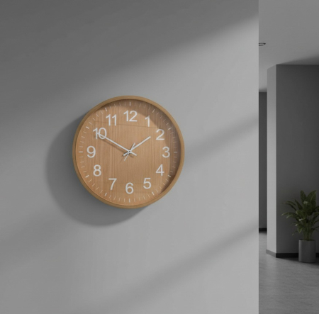 Ceas decorativ de perete, aspect modern, Ø 40 cm, model imitatie lemn, bej, pentru living, bucatarie, birou sau dormitor [1]