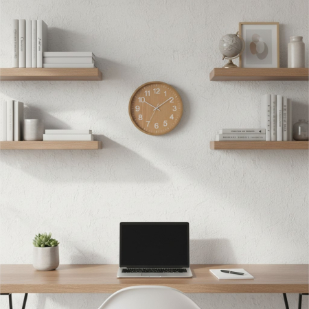 Ceas decorativ de perete, aspect modern, Ø 40 cm, model imitatie lemn, bej, pentru living, bucatarie, birou sau dormitor [4]