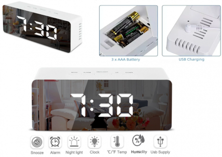 Ceasuri decorative - Ceas digital LED, afisare temperatura - umiditate, alimentare USB / 3 baterii AAA