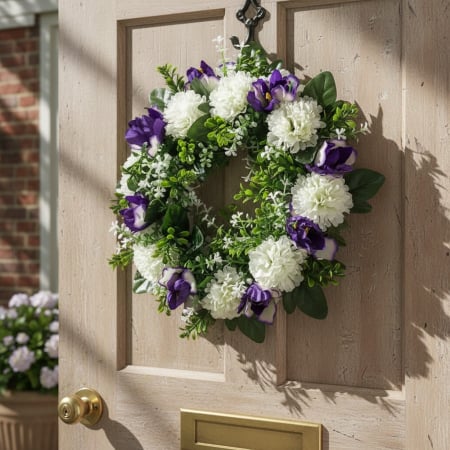 Toate produsele - Coronita decorativa, flori artificiale mov si albe, Ø25 cm, utilizare universala, decor sezonier interior/exterior, evenimente, spatii rezidentiale si comerciale