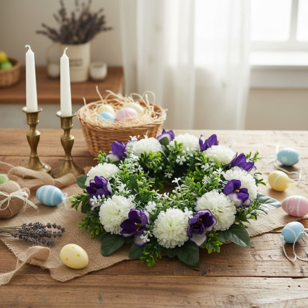 Coronita decorativa, flori artificiale mov si albe, Ø25 cm, utilizare universala, decor sezonier interior/exterior, evenimente, spatii rezidentiale si comerciale [3]