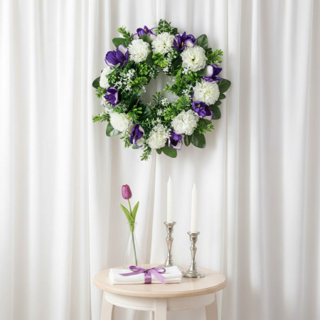Coronita decorativa, flori artificiale mov si albe, Ø25 cm, utilizare universala, decor sezonier interior/exterior, evenimente, spatii rezidentiale si comerciale [4]