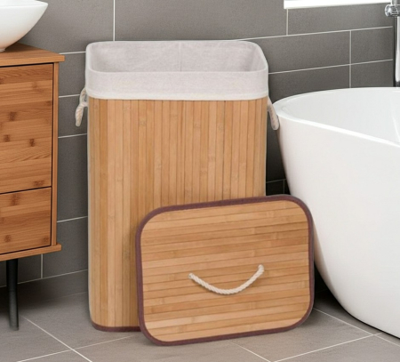 Organizare si depozitare - Cos de rufe din bambus cu sac textil – organizare eleganta pentru baie si dressing, 72 Litri, 40x30x60 cm