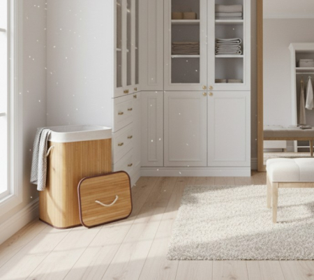 Cos de rufe din bambus cu sac textil – organizare eleganta pentru baie si dressing, 72 Litri, 40x30x60 cm [1]