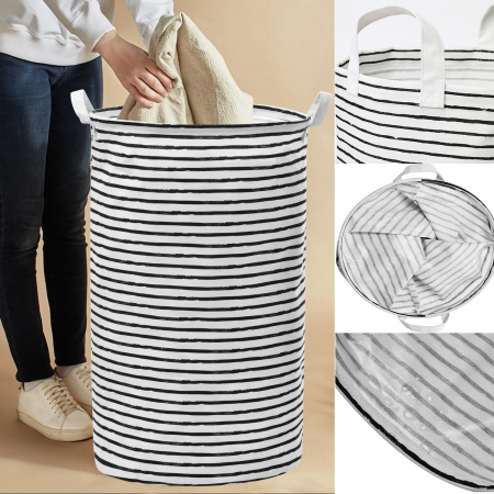 Baie - Cos de rufe textil, alb-negru, 60 L