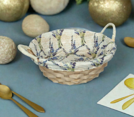 Decoratiuni Paste  - Cos decorativ, rotund, captuseala din material textil, model flori de lavanda, Ø23 x 8 cm