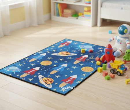 Covor decorativ, pentru camera copiilor, model planete si rachete, 60x90 cm [1]