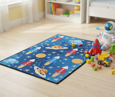 Covor decorativ, pentru camera copiilor, model planete si rachete, 60x90 cm [1]
