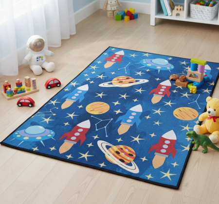 Siguranta si protectie - Covor decorativ, pentru camera copiilor, model planete si rachete, 60x90 cm