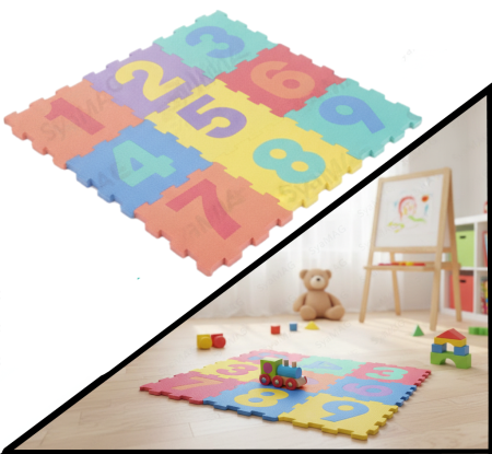 Siguranta si protectie - Covor puzzle cu cifre, multicolor, 9 piese, termoizolant si moale, 90x90 cm