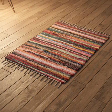 Covoras rustic, multicolor, din bumbac si poliester, cu franjuri, 100x70 cm [1]