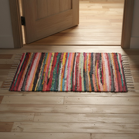 Covoare si perdele - Covoras rustic, multicolor, din bumbac si poliester, cu franjuri, 100x70 cm