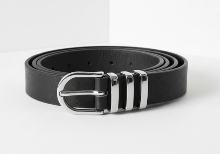 Curea neagra din piele ecologica, catarama argintie, moderna, pentru femei, 110x2.3 cm [1]