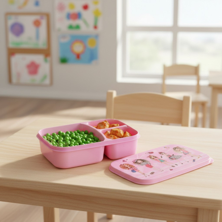 Home & Deco - Cutie alimentara pentru copii, 3 compartimente, model fashion, 1 litru