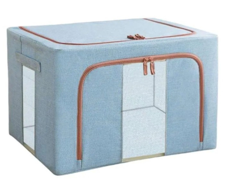 Cutie de Depozitare Pliabila, 66 L, din Bumbac si In, 50x40x33 cm, 2 Ferestre, Frontala si Laterala, 2 Usi de Acces cu Fermoar Bidirectional, Cadru Metalic, Suport Baza Stabil din Plastic, Bleu [1]