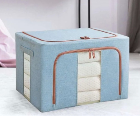Organizare si depozitare - Cutie de Depozitare Pliabila, 66 L, din Bumbac si In, 50x40x33 cm, 2 Ferestre, Frontala si Laterala, 2 Usi de Acces cu Fermoar Bidirectional, Cadru Metalic, Suport Baza Stabil din Plastic, Bleu