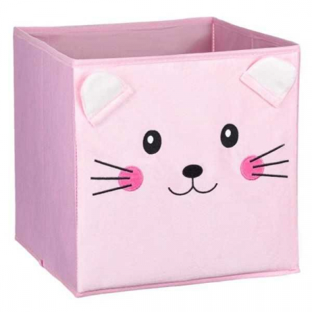 Cutii depozitare - Cutie de depozitare pliabila, catifelata pentru copii, imprimeu pisicuta, 30x30x30 cm, roz