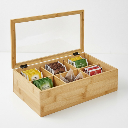 Home & Deco - Cutie organizatoare universala pentru ceai, 6 compartimente, bambus, capac din sticla transparent, organizator bucatarie, 30x18x9 cm, bej