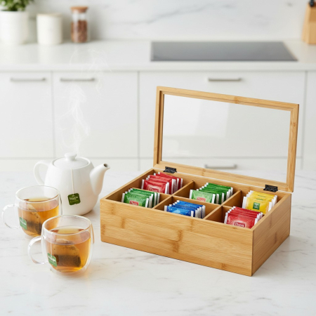 Cutie organizatoare universala pentru ceai, 6 compartimente, bambus, capac din sticla transparent, organizator bucatarie, 30x18x9 cm, bej [2]