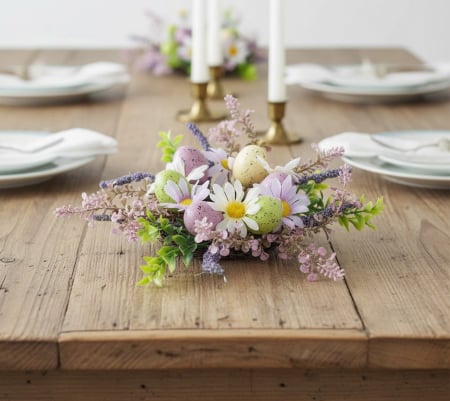 Toate produsele - Decoratiune florala pentru masa de paste, model coronita cu oua si flori colorate, diametrul inel 7 cm, posibilitate de utilizare cu lumanare tip bloc