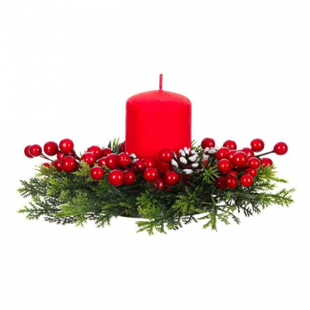 Craciun – Decoratiuni, costume si accesorii festive - Decoratiune masa cu crengute de brad, conuri si merisoare, 24 cm