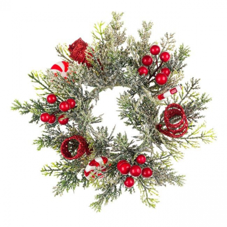 Craciun – Decoratiuni, costume si accesorii festive - Decoratiune masa cu crengute de brad ninse, acadele si merisoare, 24 cm