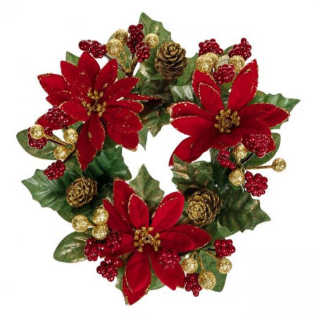 Craciun – Decoratiuni, costume si accesorii festive - Decoratiune masa cu flori de Craciun rosii si conuri, 19 cm