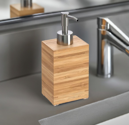 Baie - Dozator din bambus pentru sapun lichid, 9x7x16 cm