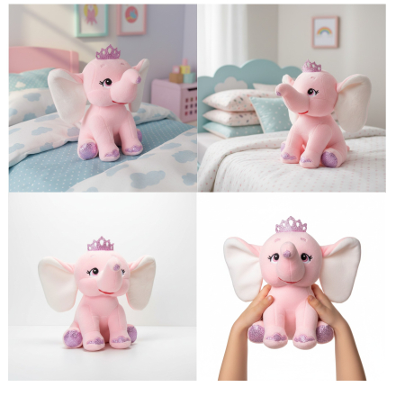 Elefant de plus, model cu coronita, catifelat, roz, 21 cm [1]