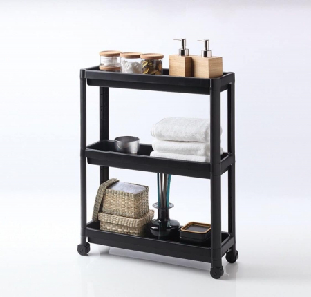 Mobilier mic - Etajera carucior, cu 3 rafturi din plastic polipropilenic, negru, 54x18x71 cm