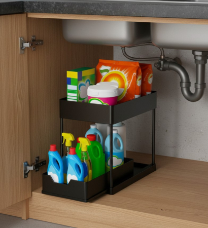 Huse si cutii depozitare - Etajera organizator cu 2 nivele si raft glisant – acces usor si organizare eficienta, 39x21x37.5 cm