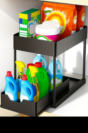 Baie - Etajera organizator cu 2 nivele, 1 raft glisant, 39x21x37.5 cm
