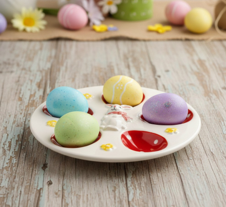 Farfurie ceramica decorativa, pentru 5 oua de Paste, Ø18x2 cm, model cu iepuras si flori in relief [2]