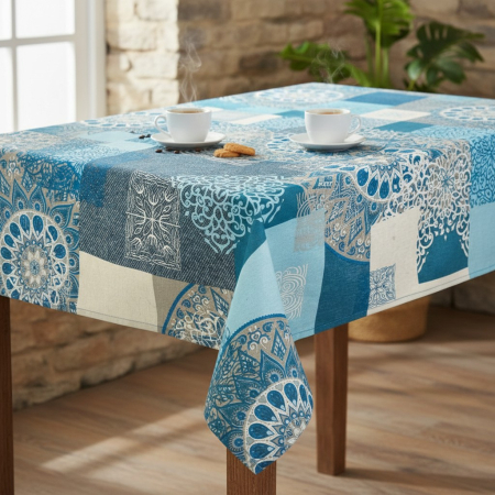 Fata de masa, material textil, bumbac/poliester, 180x140 cm, turcoaz, stil oriental, model mandala [1]