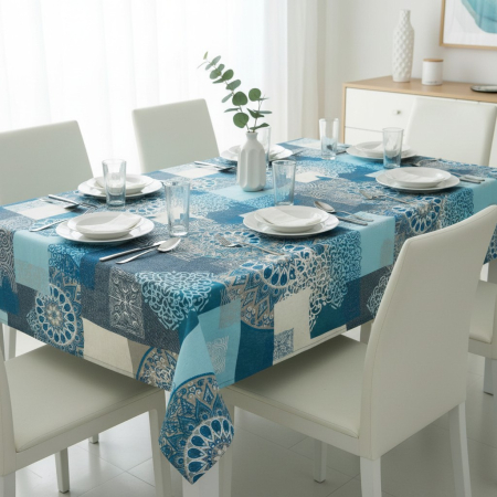 Home & Deco - Fata de masa, material textil, bumbac/poliester, 180x140 cm, turcoaz, stil oriental, model mandala