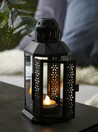 Felinar decorativ negru, din otel, cu sticla si usita pentru lumanare pastila, interior/exterior, 22x10 cm [1]