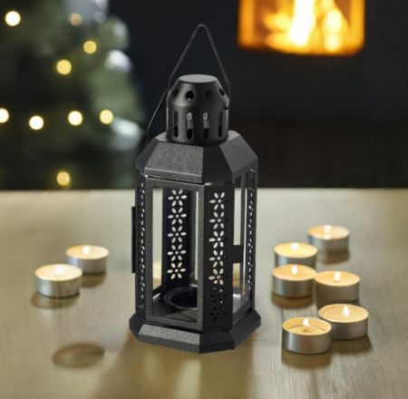 Veioze si felinare - Felinar decorativ negru, din otel, cu sticla si usita pentru lumanare pastila, interior/exterior, 22x10 cm