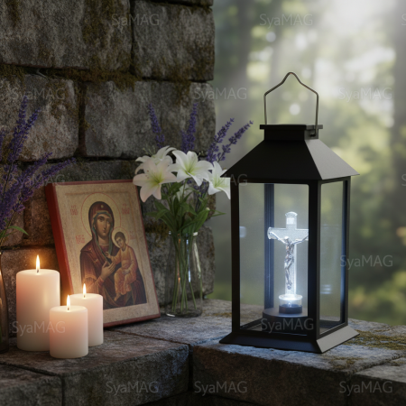 Home & Deco - Felinar LED, lumina rece, alimentare solara, model cruce transparenta, 14x14x28 cm, negru, maner metalic, buton on/off, pentru cimitir, locuri de reculegere, gradini sau spatii memoriale