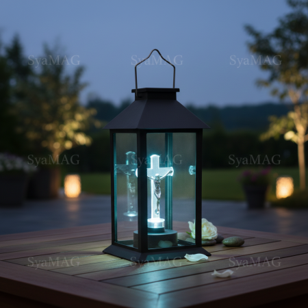 Felinar LED, lumina rece, alimentare solara, model cruce transparenta, 14x14x28 cm, negru, maner metalic, buton on/off, pentru cimitir, locuri de reculegere, gradini sau spatii memoriale [5]