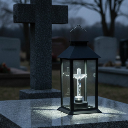 Felinar LED, lumina rece, alimentare solara, model cruce transparenta, 14x14x28 cm, negru, maner metalic, buton on/off, pentru cimitir, locuri de reculegere, gradini sau spatii memoriale [2]