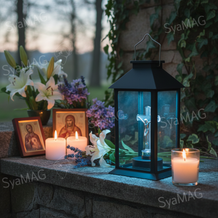 Felinar LED, lumina rece, alimentare solara, model cruce transparenta, 14x14x28 cm, negru, maner metalic, buton on/off, pentru cimitir, locuri de reculegere, gradini sau spatii memoriale [1]