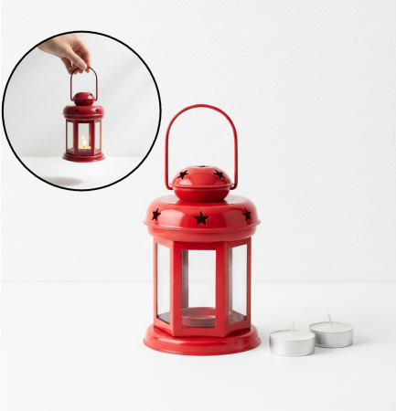 Veioze si felinare - Felinar metalic, cu 2 lumanari pastila incluse, rosu, Ø10x15 cm, maner metalic