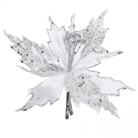 Craciun – Decoratiuni, costume si accesorii festive - Floare de Craciun cu clips, Craciunita alb-argintiu, 25cm