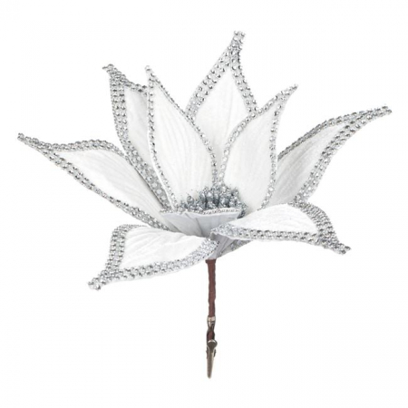 Toate produsele - Floare de Craciun cu clips, Craciunita alba cu strasuri argintii, 24cm